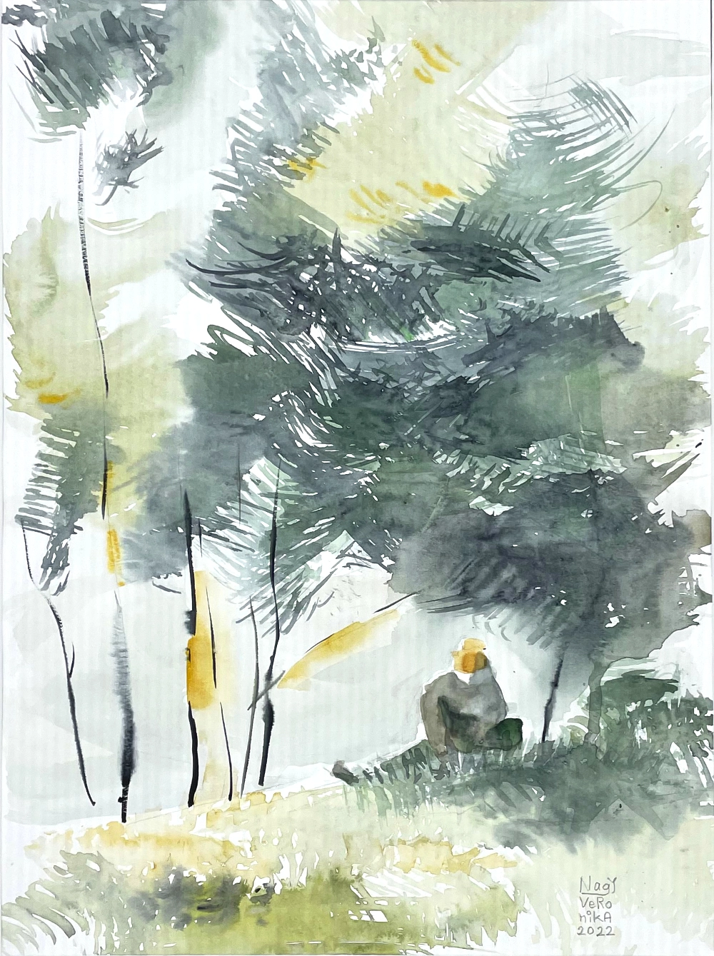 Outdoors– contemporary watercolor painting depicting a female figure creating art beneath large trees.