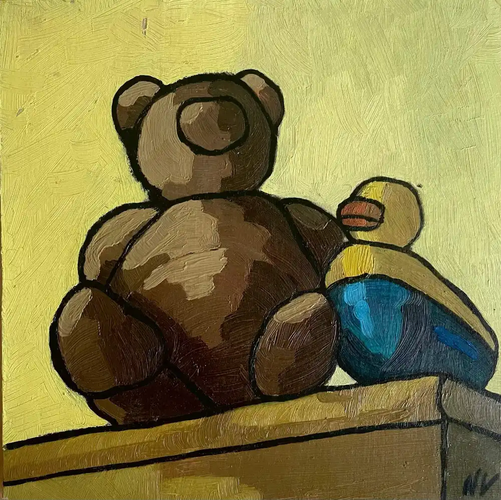 Maternity Still Life I. – contemporary oil painting depicting a teddy bear and a toy duck Maternity Still Life I. – contemporary oil painting depicting a teddy bear and a toy duck
