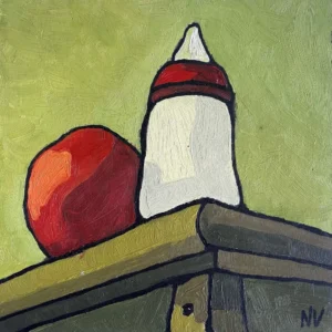 Maternity Still Life II – contemporary oil painting depicting a baby bottle and an apple