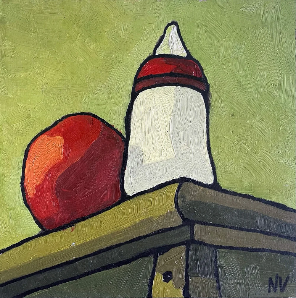 Maternity Still Life II – contemporary oil painting depicting a baby bottle and an apple