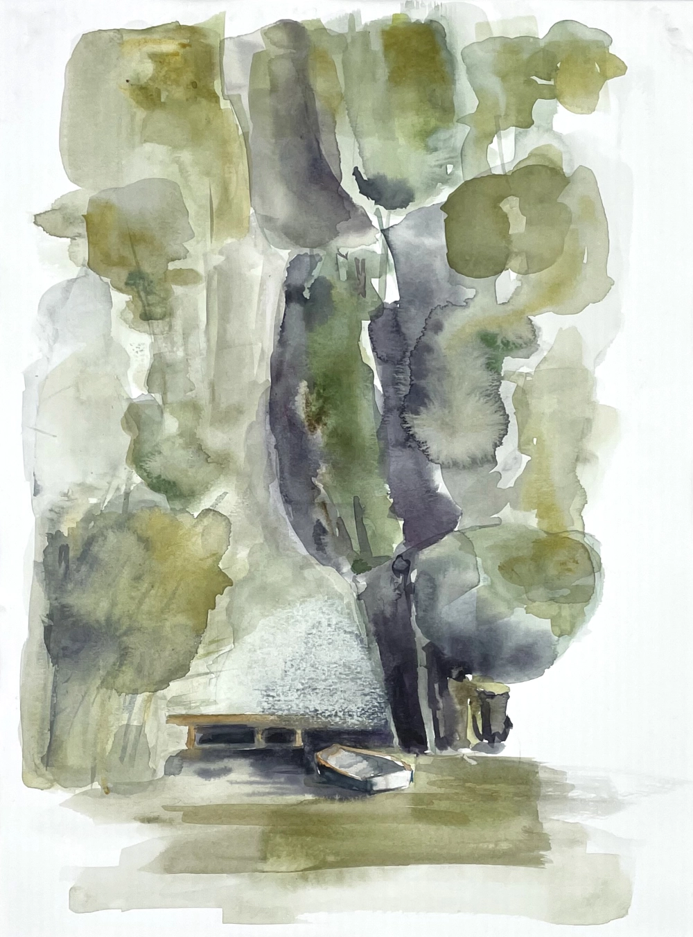 Arrival, watercolor landscape Arrival by Veronika Nagy, a watercolour of a small boat beside a landing stage beneath tall trees in muted green and grey tones.