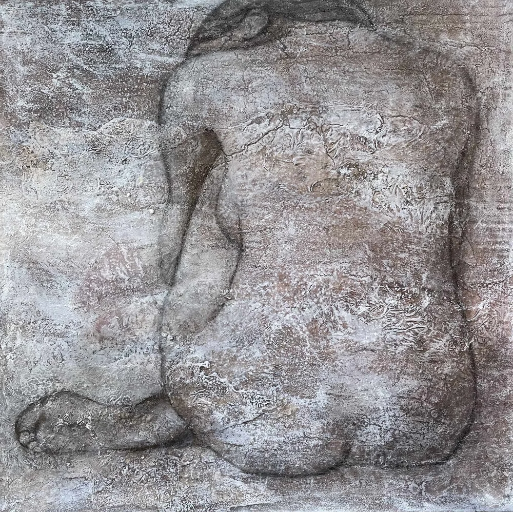 Away-from-Gaia_mixedmedia_on_canvas_50x50cm Away from Gaia - contemporary painting with acrylic an mixed media, a woman's silouette on a dried soil baackground