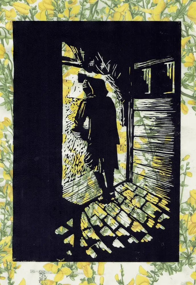 On The Threshold, original linocut print on patterned paper, 15 × 21 cm On The Threshold, original linocut print on patterned paper, 15 × 21 cm