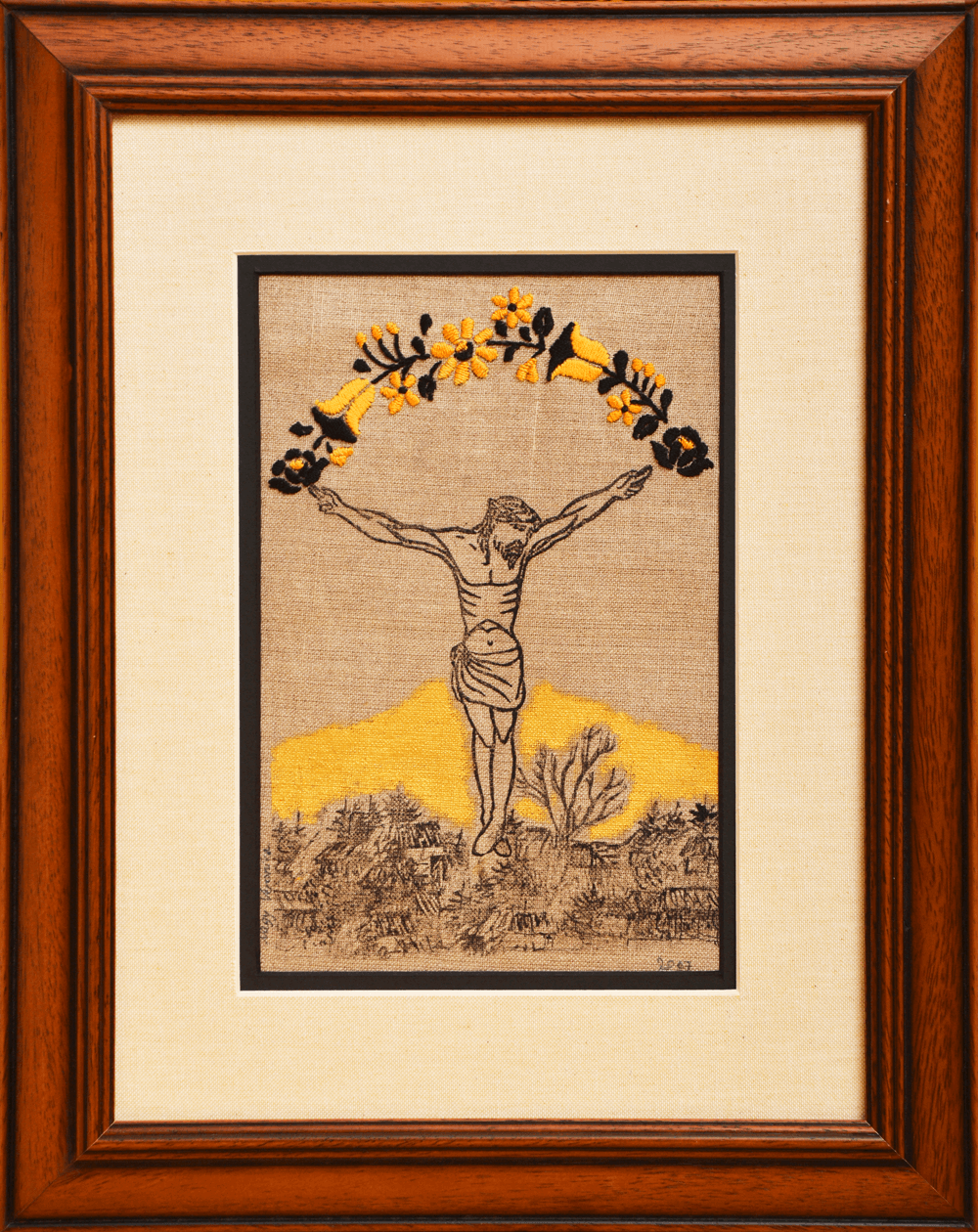 Embroidered Sideway Cross - contemporary artwork on canvas