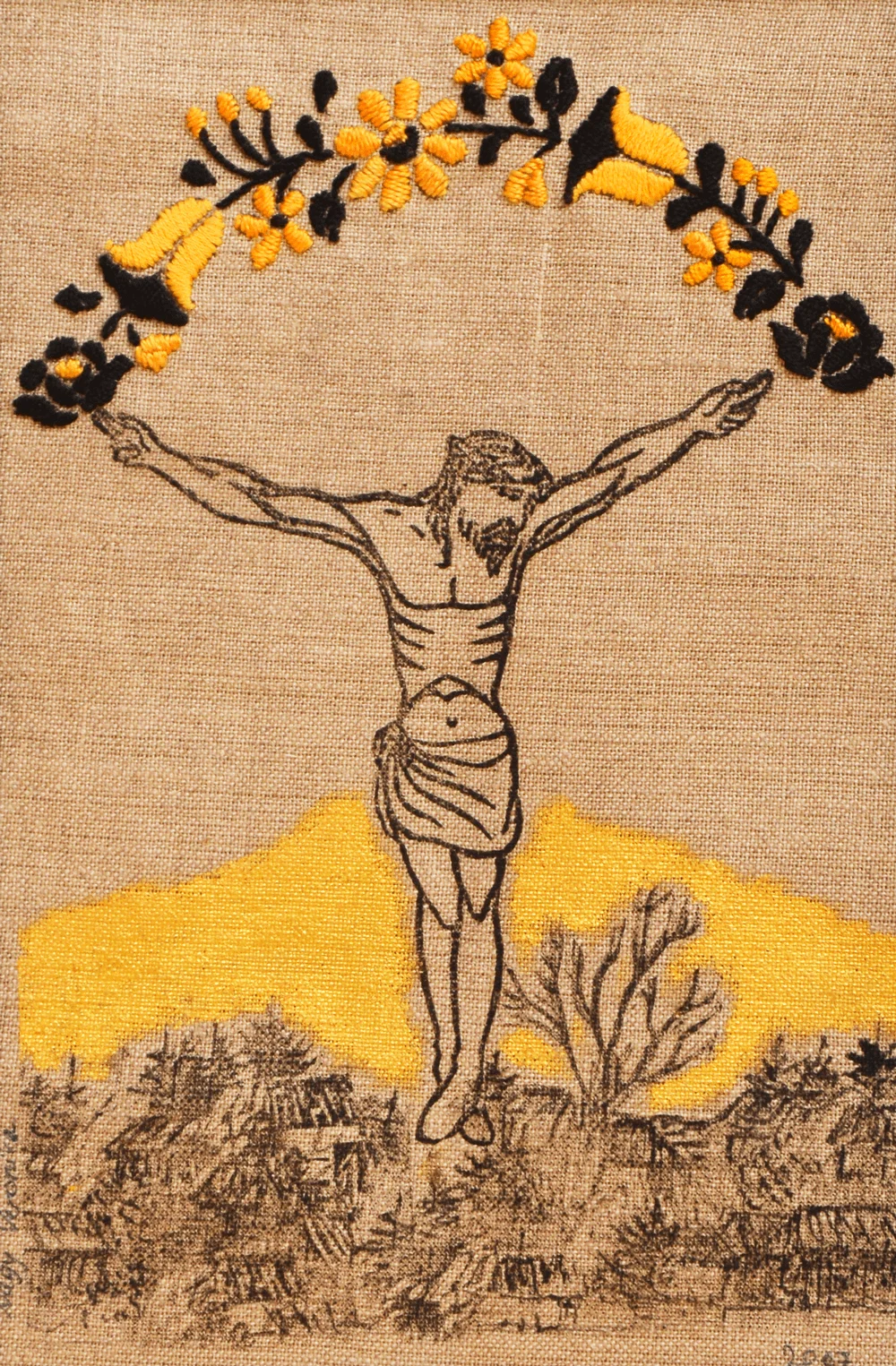 Embroidered Wayside Cross, 2007 – linocut on embroidered canvas with gold paint, 21 × 21 cm Embroidered Wayside Cross by Veronika Nagy – Christ printed on embroidered canvas, with floral embroidery linking his fingers and gold-painted background areas