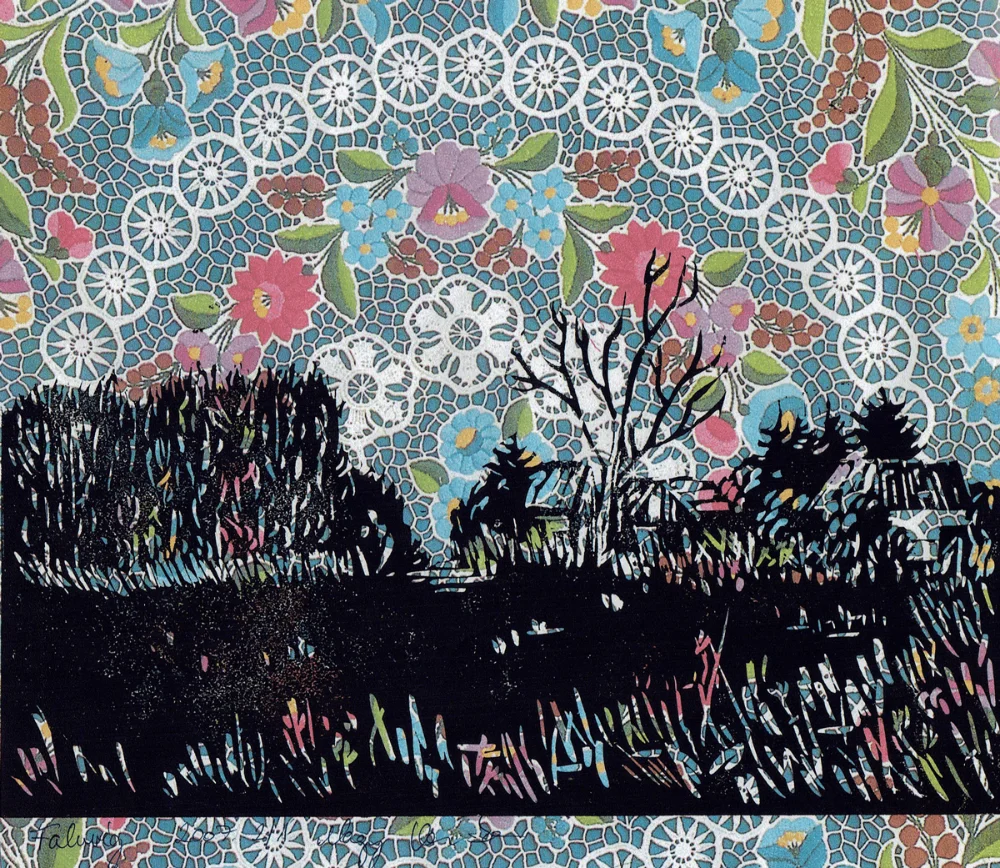 Rainbow at the Edge of the Village by Veronika Nagy – black linocut village landscape on colourful floral patterned paper