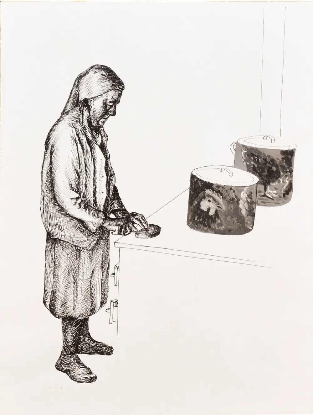 Inherited Movements I by Veronika Nagy – ink and gouache drawing of her grandmother cooking, surrounded by pots and kitchen utensils
