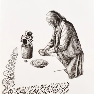 Inherited Movements I by Veronika Nagy – ink and gouache drawing of her grandmother cooking, surrounded by pots and kitchen utensils