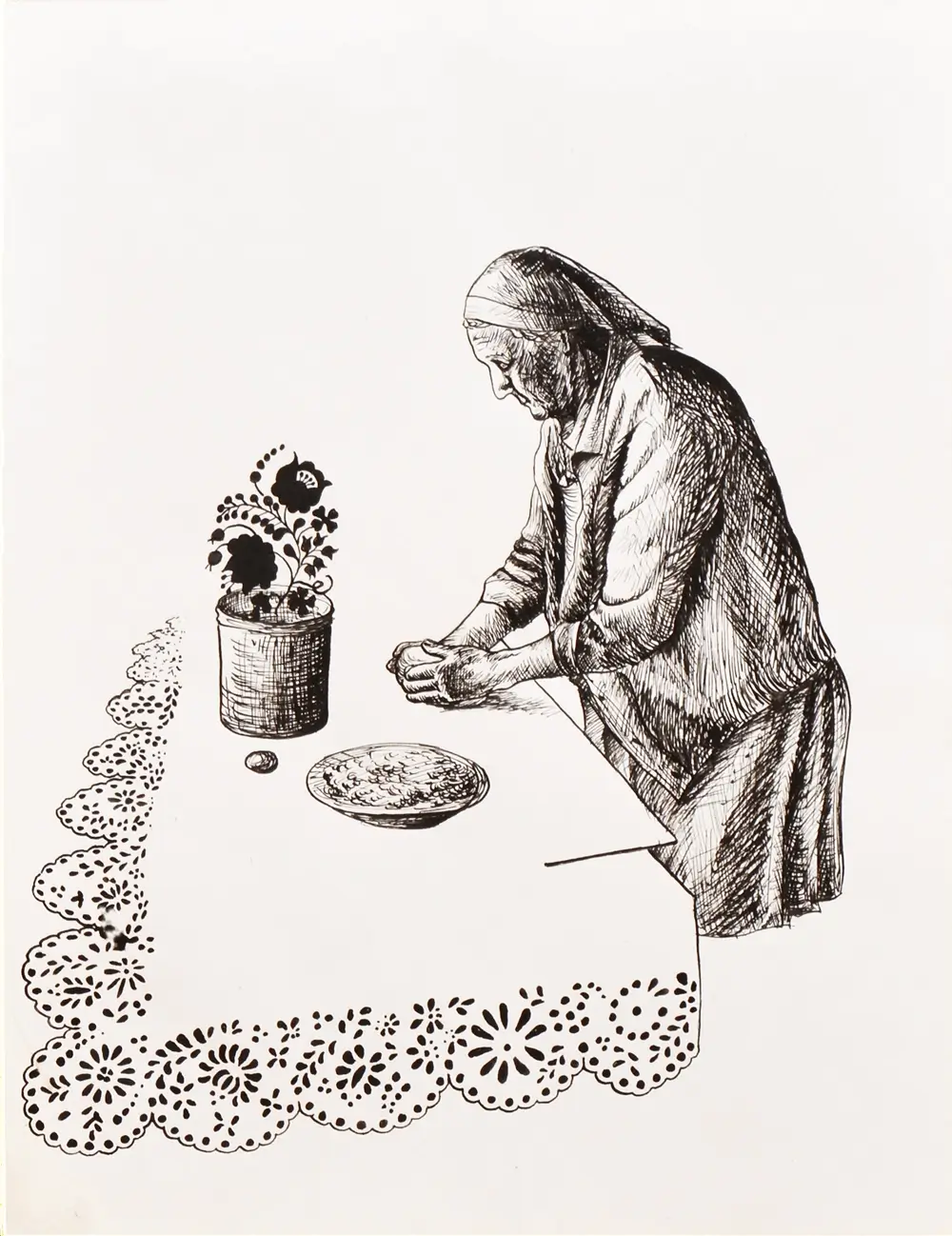 Inherited Movements I – original ink and gouache drawing from the My Collective Heritage series Inherited Movements I by Veronika Nagy – ink and gouache drawing of her grandmother cooking, surrounded by pots and kitchen utensils