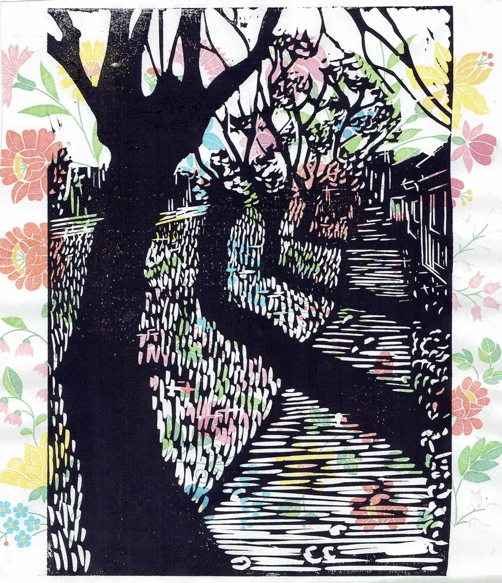 Plum tree row V - Original Linocut Print by Veronika Nagy Plum tree row V. by Veronika Nagy – black linocut print of a woman in a doorway on folk motifs patterned paper